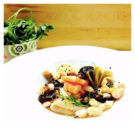 Setas salteadas con pavo y langostinos Setas salteadas, pavo y langostinos