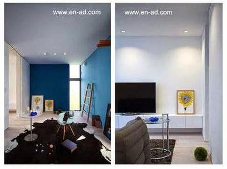 Un ambiente interior de paredes azules y un sector de la sala principal de la residencia Dos vistas de ambientes en el interior de la casa minimalista