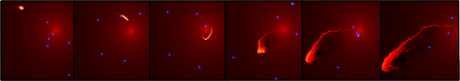 El montaje de imágenes de la simulación muestra G2 durante su aproximación al agujero negro en el centro de la Vía Láctea. Imágenes de ESO/ MPE/ Marc Schartmann 