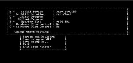 Valores de Minicom para la configuración XBee