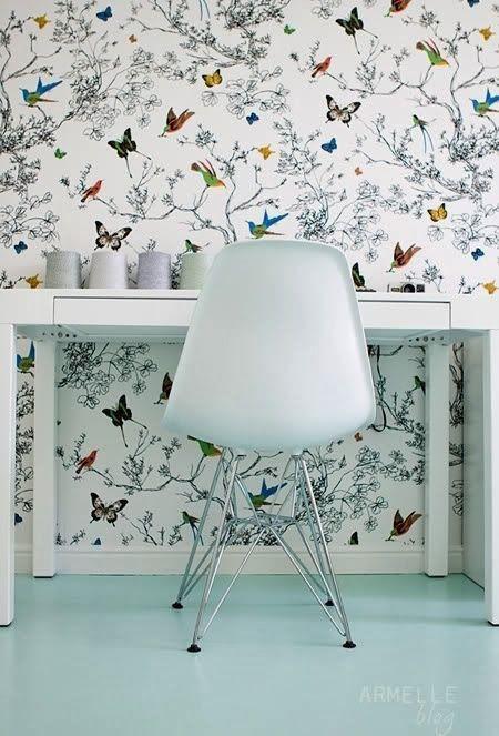 Mesa escritirio blanca, Papel pintado pajaros y mariposas