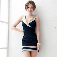 Office Lady Style Sexy Lapel Color-Match Double-Breasted Stripe Hem Blue Sleeveless Polyester Dress For Women