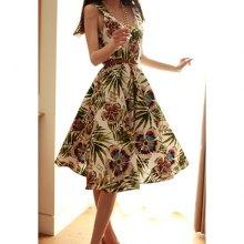 Retro Style Scoop Neck Floral Print Sleeveless Chiffon Dress With Belt For Women