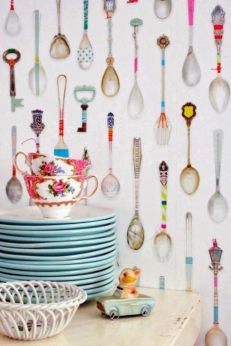 PAPEL PINTADO CON PLATOS Y CUBIERTOS papeles pintados vintage