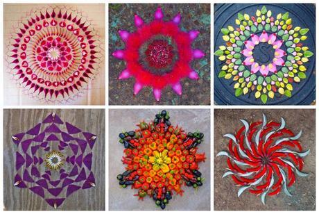 Kathy Klein, crea mandalas contemporáneos a los que ella llama danmalas (el que da guirnaldas en sánscrito). Utiliza pétalos, flores, frutos...