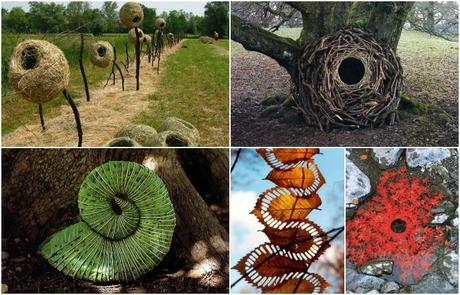 Andy Goldsworthy, artista y fotógrafo inglés, utiliza lo que encuentra en la naturaleza para realizar sus obras de arte, me encantan las hojas o el nido hecho de palitos.