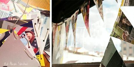 Detalle de los banderines hechos con hojas de revista