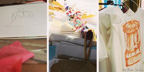 Detalles del taller de la Bocoque Composición fotográfica de tres fotografías hechas en el taller de la Bocoque que muestran unos bocetos, unos patrones y ropa de la nueva colección.