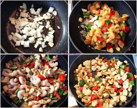 ESPAGUETIS CON VERDURAS, PAVO Y GAMBAS