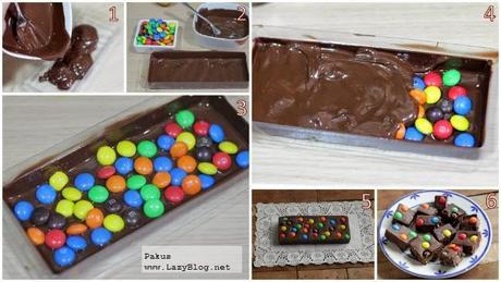 Tableta de chocolate, gianduja y M&M's. Receta