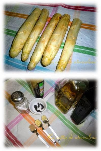 Espárragos blancos con vinagreta de mango, jengibre y ajo negro