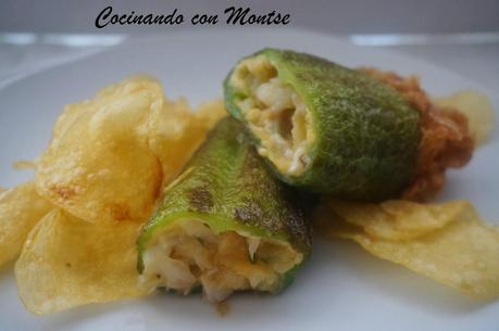 Pimientos rellenos de revuelto de bacalao y patatas chips