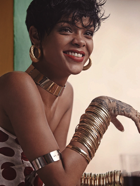 Who What Wear Rihanna Vogue Brazil May 2014 Photographer Mariano Vivanco Styled by Yasmine Sterea Cover Short Pixie Cut Hair Beauty Matte Red Lipstick Tattoos Hoop Earrings Arm Cuff Choker