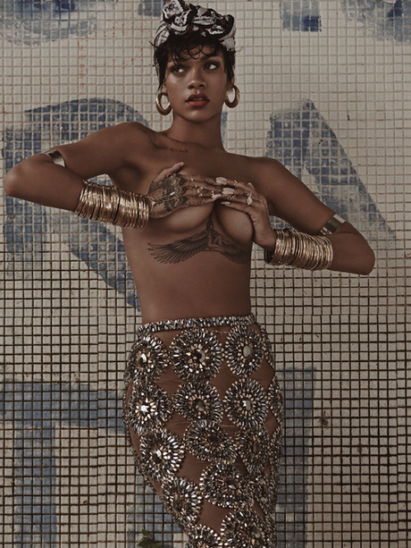 Who What Wear Rihanna Vogue Brazil May 2014 Photographer Mariano Vivanco Styled by Yasmine Sterea Cover Short Pixie Cut Hair Beauty Matte Red Lipstick Tattoos Hoop Earrings Jeweled Embellished Skirt Topless  Head Scarf Long Nails Henna