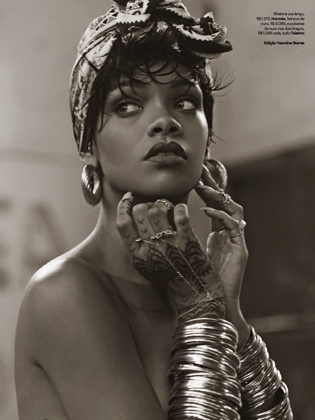 Who What Wear Rihanna Vogue Brazil May 2014 Photographer Mariano Vivanco Styled by Yasmine Sterea Cover Short Pixie Cut Hair Beauty Matte Red Lipstick Tattoos Hoop Earrings Printed Head Scarf Wrap Henna Tattoos 