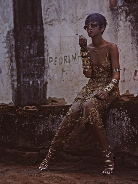 Who What Wear Rihanna Vogue Brazil May 2014 Photographer Mariano Vivanco Styled by Yasmine Sterea Cover Short Pixie Cut Hair Beauty Matte Red Lipstick Tattoos Hoop Earrings Gold Lace Dress Smoking 