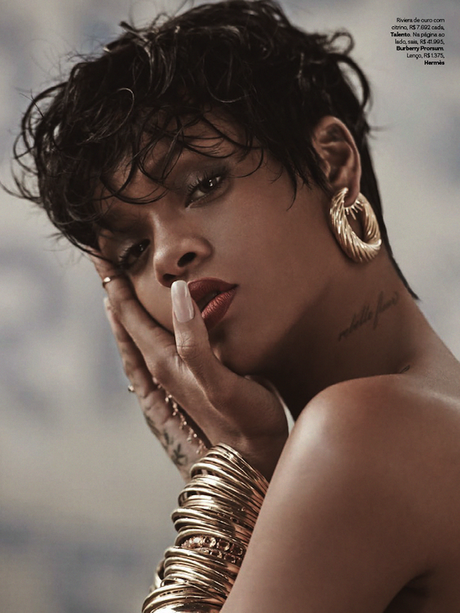 Who What Wear Rihanna Vogue Brazil May 2014 Photographer Mariano Vivanco Styled by Yasmine Sterea Cover Short Pixie Cut Hair Beauty Matte Red Lipstick Tattoos Hoop Earrings