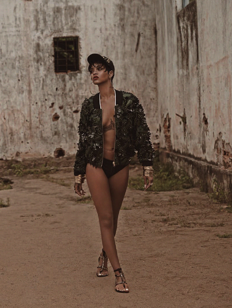 Who What Wear Rihanna Vogue Brazil May 2014 Photographer Mariano Vivanco Styled by Yasmine Sterea Cover Short Pixie Cut Hair Beauty Matte Red Lipstick Tattoos Hoop Earrings Green Embellished Bomber Jacket Baseball Cap Hat Flat Strappy Sandals Bikini