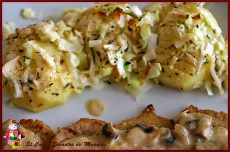 ESCALOPINES CON CREMA DE CHAMPIS Y PATATAS GRATINADAS