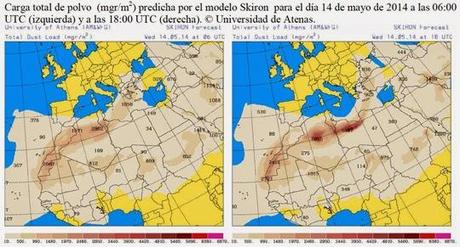 España: Previsión de intrusión de polvo africano 14 de mayo de 2014