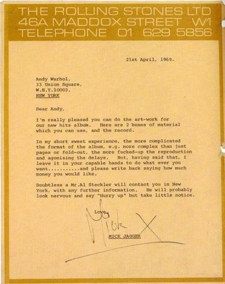 Carta de Mick Jagger a Andy Warhol