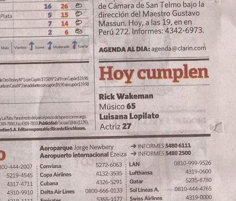 Cumpleaños de RICK WAKEMAN y el diario Clarín