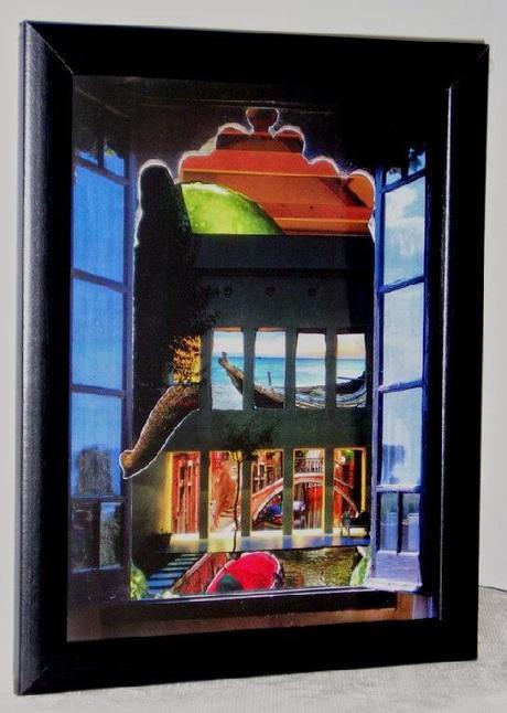 Ventanal con agua y elefante. Collage 30X40 Cms interior enmarcado.