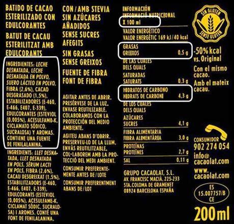 Cacaolat 0% apto Dukan desde fase Ataque: Ingredientes y Valores Nutricionales