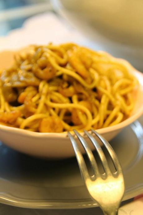 receta: pasta al curry con gambitas - recipe: curry and shrimp pasta