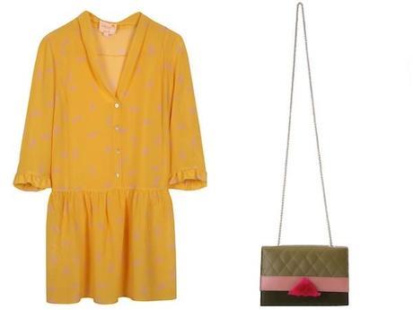 Vestido mostaza de Dolores Promesas y bolso con cadena de Tita Madrid.