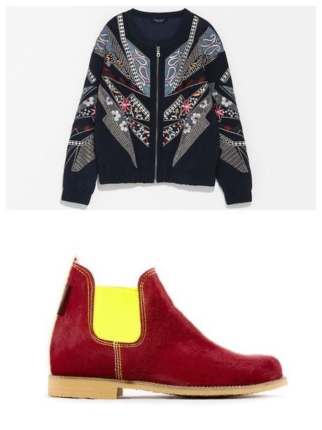 Bomber con bordados de Zara y botines de piel de potro con contraste de color, de Neon Boots.