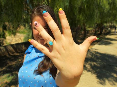 Blue dress, white sandals...