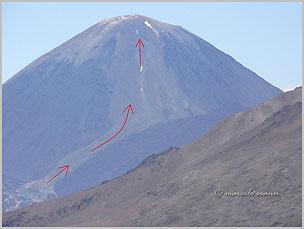 Ruta utilizada para la ascensión al Volcán Peinado. Vista con teleobjetivo desde las cercanías del Bertrand, Catamarca, Argentina.