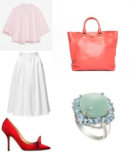 Camisa rosa pastel de Zara, falda blanca de línea A de H&M, salones de raso rojo con lazo de Moschino, tote bag de Roberto Verino y sortija de Yanes Young.