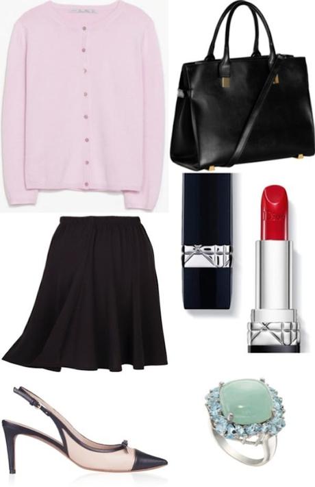 Cardigan de Zara, falda midi de Venca, salones bicolor de Pura López, rouge Dior y sortija de Yanes Young.