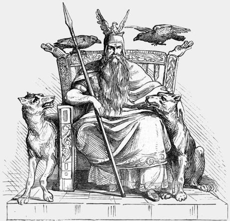 Odín representado con sus dos lobos: Geri y Frek (Glotón y Voraz). odín Heredero de Odín odin