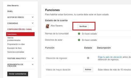 Verificar cuenta de video de Youtube