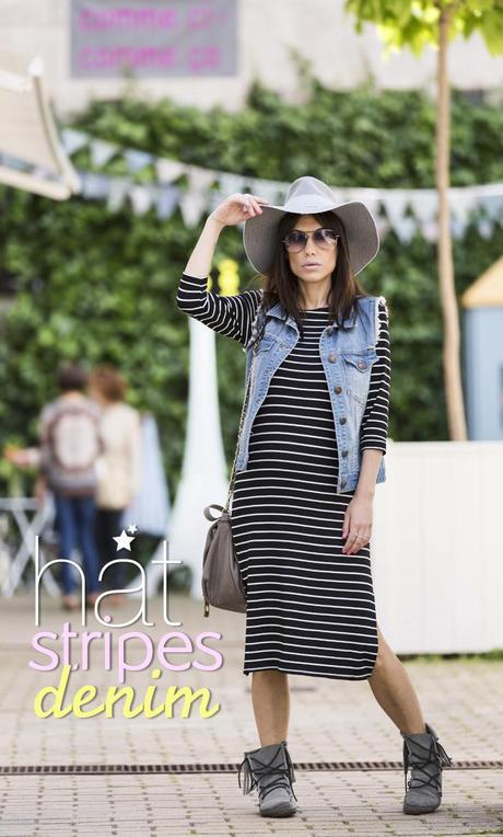 street style barbara crespo zara hat stripes dress denim jacket fashion blogger outfit blog de moda