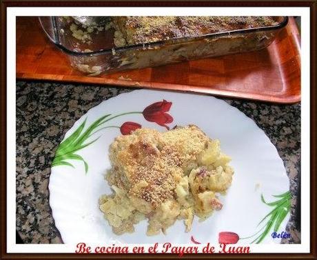 Pastel de coliflor, brocoli  y trotilla gratinado con bechamel de cecina