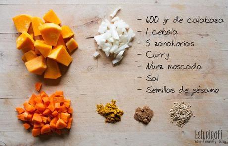 600 gramos de calabaza, 1 cebolla, 5 zanahorias, curry, nuez moscada, sal , semillas de sesamo