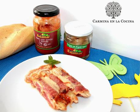 ROLLITOS DE ESPÁRRAGOS CON IBÉRICO GRATINADOS EN DOS SALSAS