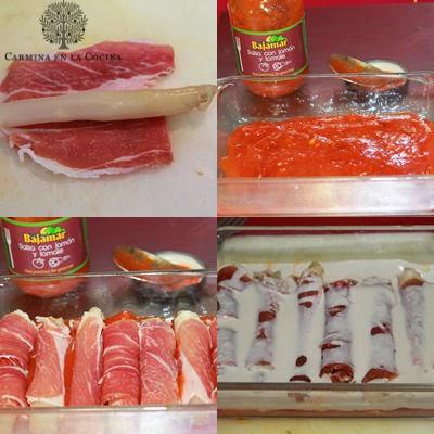 ROLLITOS DE ESPÁRRAGOS CON IBÉRICO GRATINADOS EN DOS SALSAS