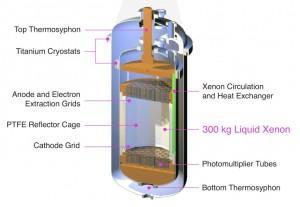 Diagrama del detector  LUX (Large Underground Xenon). El detector consiste en un criostato interno lleno de xenón liquido (300 kg, llamado ‘volumen activo’), enfriado a -100oC. Y también consta de unos 122 tubos fotomultiplicadores que detectan la luz generada en el interior del detector. El detector LUX tiene también un criostato exterior que proporciona aislamiento. Un tanque de agua (con un diámetro de 8m, y una altura de 6m) protege al detector de la radiación externa, como los rayos gamma y los rayos cósmicos.  Crédito de la imagen: LUX 