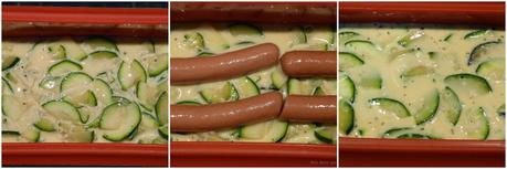 Pastel de calabacín y salchichas con mahonesa de piquillos