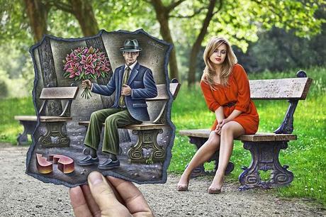 Artista visual fotografía dibujo Ben Heine banco en el parque