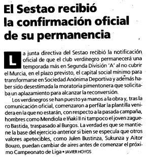 El Sestao se mantuvo en Segunda División debido al descenso del Real Murcia. descenso Descenso en los despachos Murcia