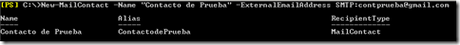 Crear un contacto habilitado para correo utilizando el comando New-MailContact