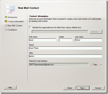 Crear un contacto habilitado para correo utilizando la EMC