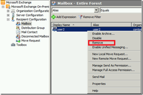 eliminar un buzón de exchange utilizando la Exchange Management Console