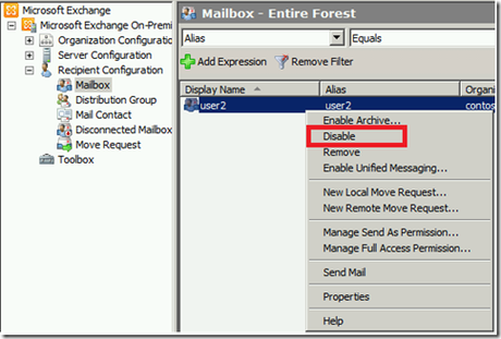 Deshabilitar un buzón de Exchange